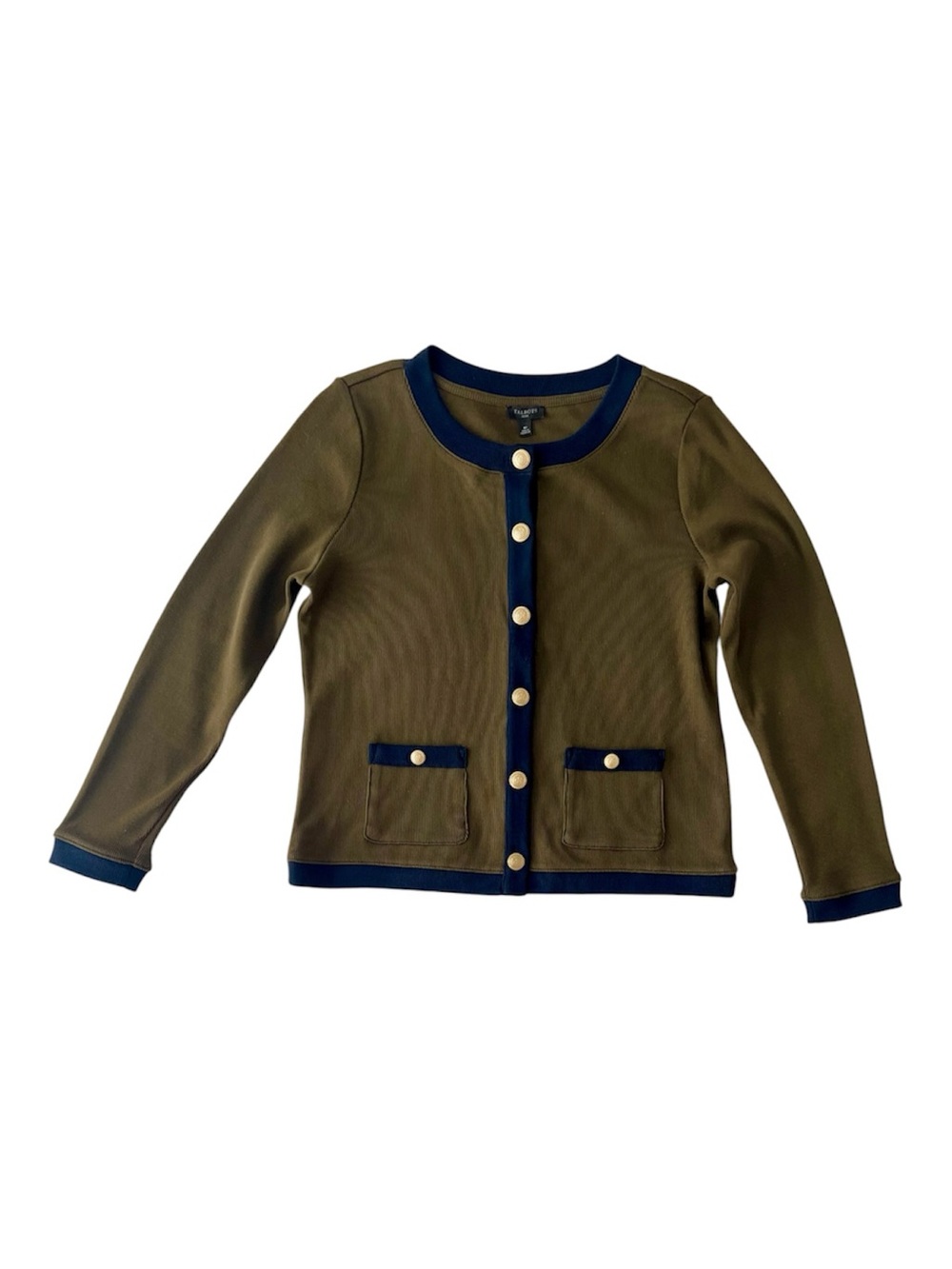 Olive Green and Navy Gold Button Cardigan Talbots Petite M - Picture 4 of 12